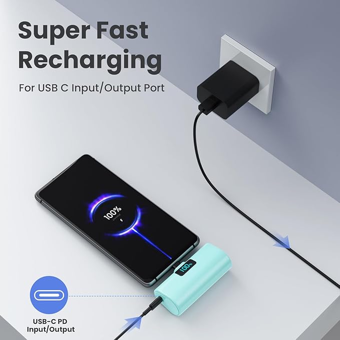 [2-Pack]Small Portable Charger 5200mAh,Upgraded PD USB C Power Bank Built-in USB-C Connector,LCD Display Battery Pack for iPhone 15/15 Plus/15 Pro/15 Pro Max/Samsung Android(Pink+Green)
