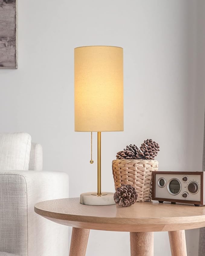 JUNNAI 18.5" Desk Lamp & Table Lamp Set of 2, Skinny Bedside Lamp with Marble Base, Pull Chain Switch, 3-Way Dimmable, Linen Fabric Shade, Small Nightstand Lamps for Living Room, Bedroom, Reading
