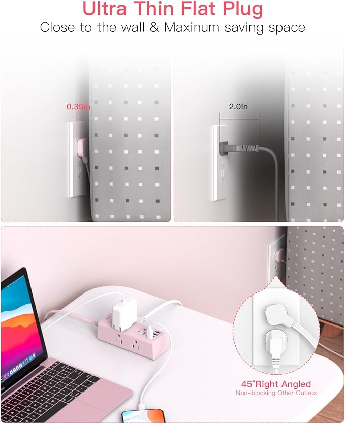 5Ft Extension Cord with Multiple Outlets, Flat Plug Power Strip Surge Protector with 5 Ft Long Cord, 6 Outlet 4 USB Ports (2 USB C), Multi Outlet Wall Plug for College, Dorm Room Essentials(Pink)