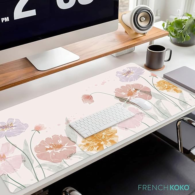 French KOKO Desk Mat, Large Desk Pad Large Mouse Pad Cute Big Desk Pad XXL Extended Gaming Mouse Pad for Desk Rubber Base Mousepad Mat for Work Game Girls (Soft Flowers, 36" x 16.5")