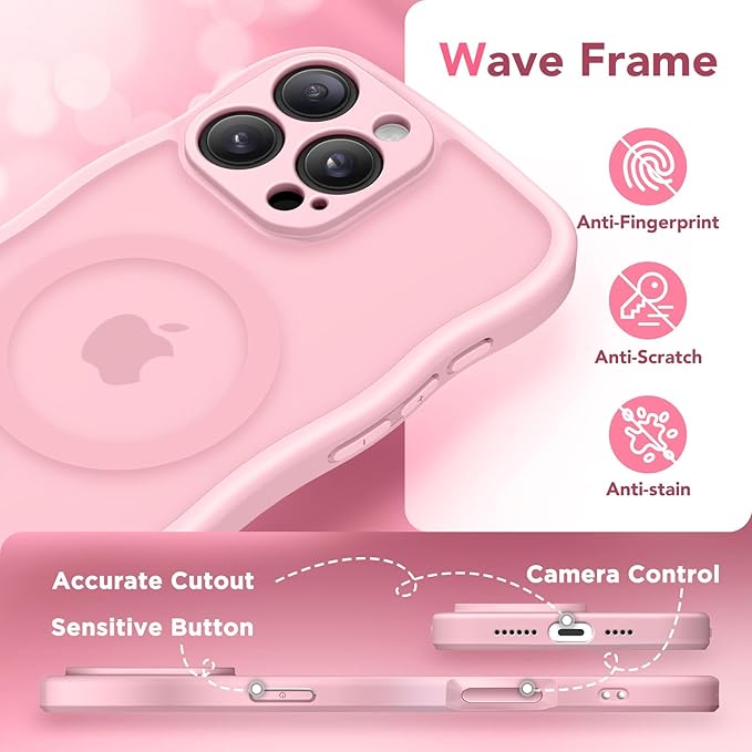 CAPRARO for iPhone 16 Pro Max Case for Women Girls, Upgraded [Full Camera Protection] [Compatible with MagSafe] Cute Wave Translucent Matte Phone Case for iPhone 16 Pro Max, Peach Pink