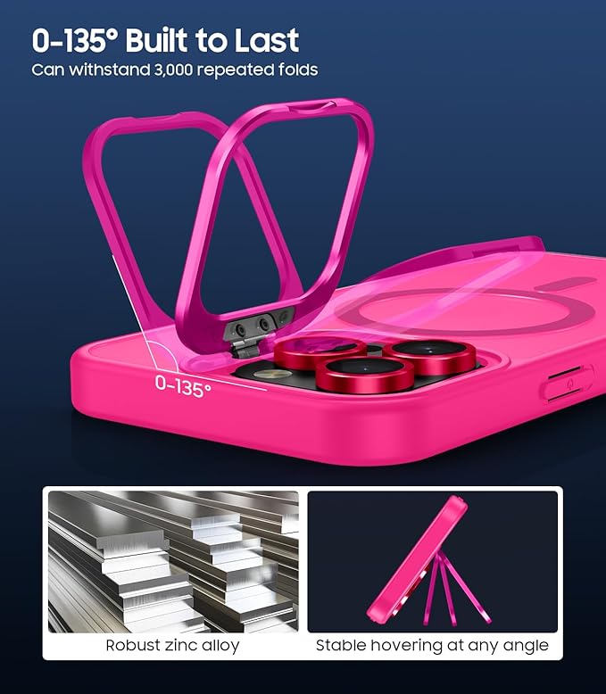 TOBOVON for iPhone 16 Pro Max Case, Compatible with MagSafe, Built-in Camera Ring Stand, with Individual Camera Cover, Translucent Matte Military-Grade Drop Protection Magnetic Case, Hot Pink