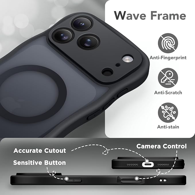 CAPRARO Magnetic for iPhone 17 Pro Max Case for Women Girls, Upgraded [Full Camera Protection] [Compatible with MagSafe] Cute Wave Translucent Matte Phone Case for iPhone 17 Pro Max, Black