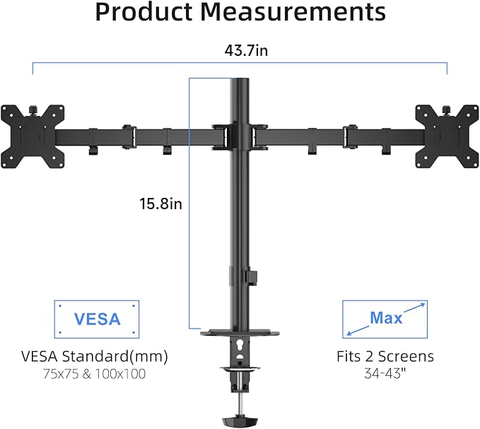 Suptek Dual Monitor Desk Mount, Adjustable Dual Monitor Arm for 2 Monitor Screens up to 43 inch, 15.75" Pole Monitor Stand for Desk, Holds up to 22 lbs, Black(MD9442LB)
