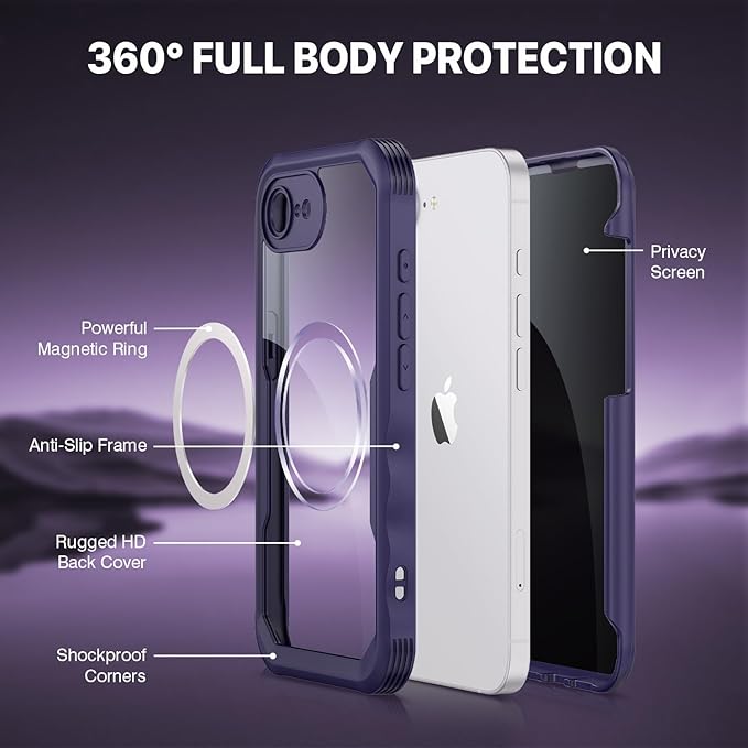 CENHUFO Magnetic Privacy Case for iPhone 16E / iPhone 17E [Compatible with Magsafe] Full Body Phone Case Built-in 9H Glass Privacy Screen Protector and Camera Protector, Shockproof Cover - Purple