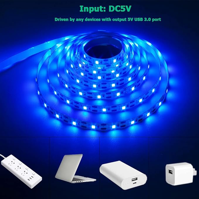 5V USB Blue 460-465nm LED Strip Light USB Powered 13.12ft/4M 240LEDs Flexible SMD2835 High Brightness No-Waterproof IP20 LED Tape Lights(2pcs x 6.6ft)