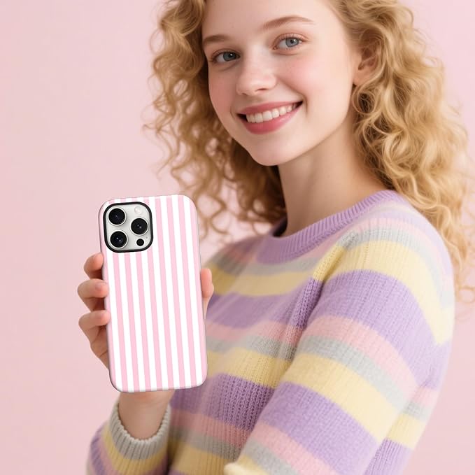 Magnetic for iPhone 15 Plus Case Cute Stripes Phone Case, Shockproof Slim TPU and Hard PC Protective Phone Cover Compatible with MagSafe Designed for Women Girls, Pink and White