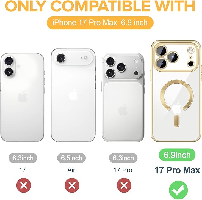 Hython Magnetic Clear for iPhone 17 Pro Max Case with Camera Lens Protector [Compatible with MagSafe] Plating Edge Slim Soft TPU Cover Protective Phone Case for iPhone 17 Pro Max 6.9", Matte Gold