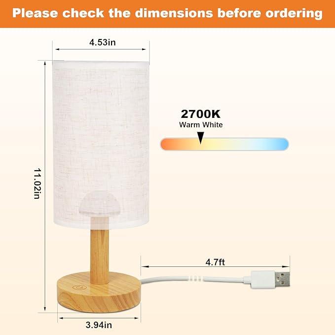 Small Touch Table Lamps Set of 2 with Stepless Dimming&USB Plug, Natural Round Wood Base & Linen Fabric Shade |Soft Ambient Night Light |Minimalist Boho Bedside Lamp for Bedroom,Nursery,Kitchen,Dorm