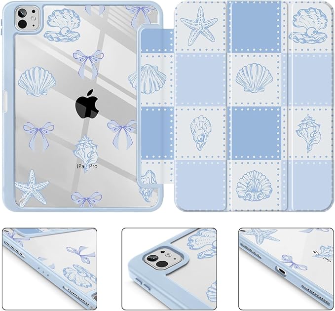May Chen for iPad Pro 13 Inch Case M5 2025 / M4 2024, Built Pencil Holder & Clear Transparent Print Back Shell Slim Stand Shockproof Tablet Cover, Auto Wake/Sleep, Blue Checkered