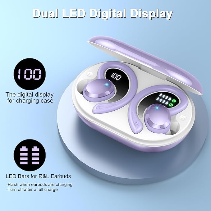 Wireless Earbuds Bluetooth Headphone Sport, Bluetooth 5.3 Earbud 3D HiFi Stereo Over Ear Buds, 48Hrs Earhooks Earphone with Noise Cancelling Mic, IP7 Waterproof Headset for Workout/Running/Gym, Purple
