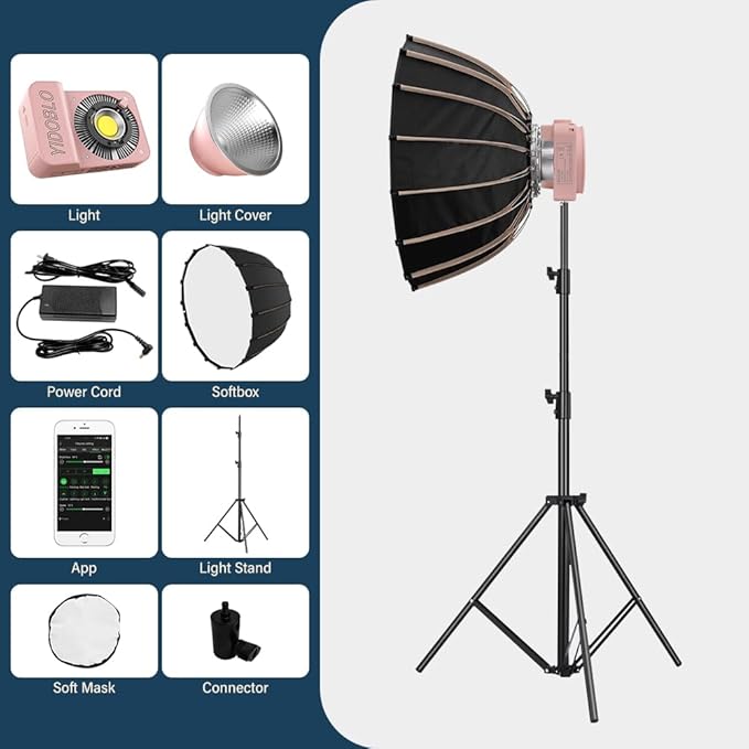 ZC-100BI 100W COB Video Light with Bowens Mount,10000Lux/m 2700K-7500K Bi-Color Camera Light with 10 Scenario Simulations Control Continuous Lighting for Photography (ZC-100 Pink Full kit)