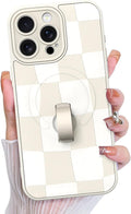 KANGHAR Compatible with iPhone 15 Pro Case, Support for MagSafe, Silicone Checkered Cute Pattern, Wristband Kickstand Camera Protection Soft Slim Cover for Girls Women -White