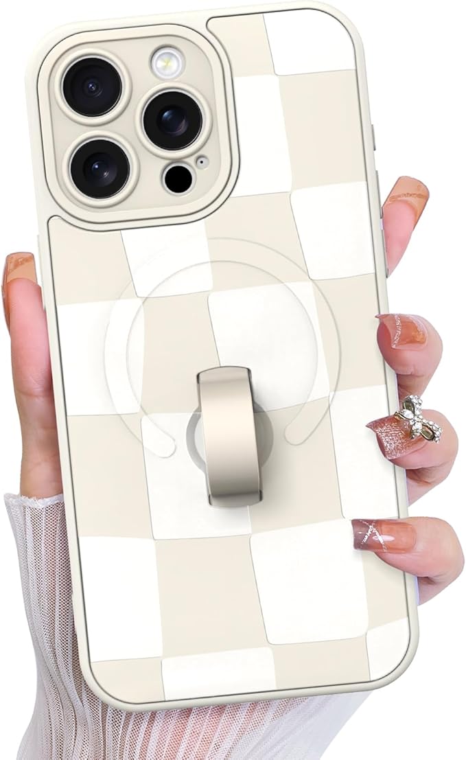 KANGHAR Compatible with iPhone 15 Pro Case, Support for MagSafe, Silicone Checkered Cute Pattern, Wristband Kickstand Camera Protection Soft Slim Cover for Girls Women -White