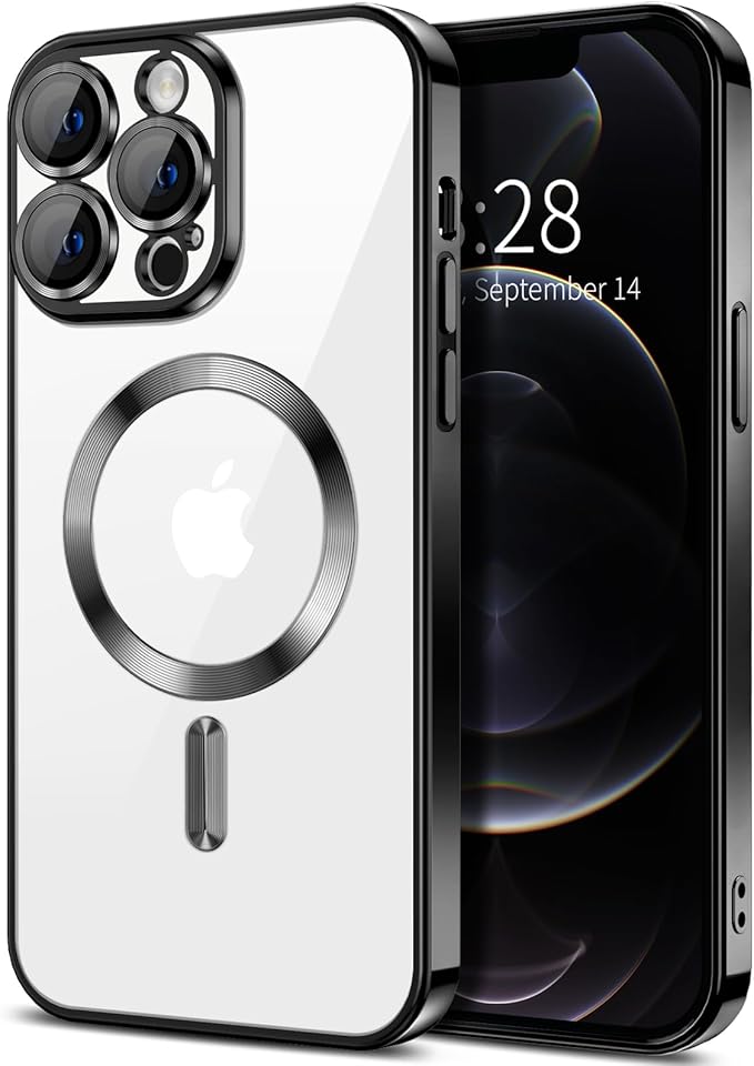 Hython Magnetic Clear for iPhone 12 Pro Case with Camera Lens Protector [Compatible with MagSafe] Luxury Plating Edge Slim Soft TPU Cover Protective Phone Case for iPhone 12 Pro 6.1", Black