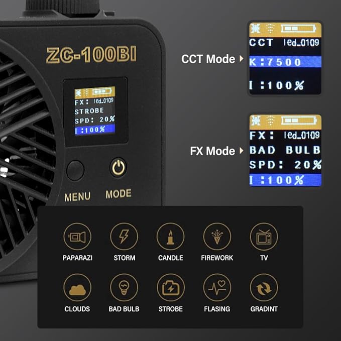 ZC-100BI 100W COB Video Light with Bowens Mount,10000Lux/m 2700K-7500K Bi-Color Camera Light with 10 Scenario Simulations Control Continuous Lighting for Photography (ZC-100 Balck Full kit)