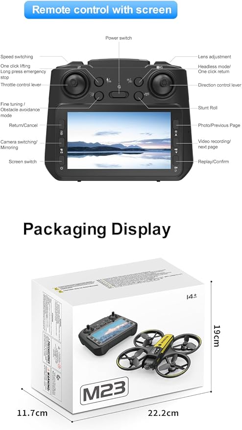Drone With HD Camera 4.5inch Screen Controller, Under 250g Mini RC Quadcopter Headless Mode One-Key Takeoff/Landing Optical Flow Positioning M23 Drones with 2 Batteries for Adult Beginners (Grey)