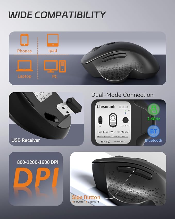 Uiosmuph G09 Bluetooth Wireless Mouse, BT5.1 & 2.4Ghz Rechargeable Computer Mouse with USB Receiver and Type C Adapter, Ergonomic Bluetooth Mice for Laptop, iPad, Mac - Black