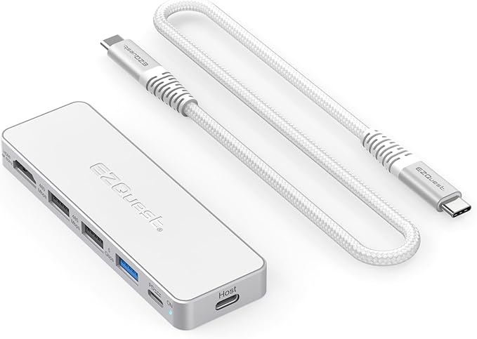 USB-C 5-in-1 Hub Pro Series: 4K 60Hz HDMI, 100W PD Charging, USB 3.0 Data, 20" Detachable Cable. Multiport Adapter for MacBook Pro/Air, iPad, Windows, Thunderbolt 3/4 (Silver White)