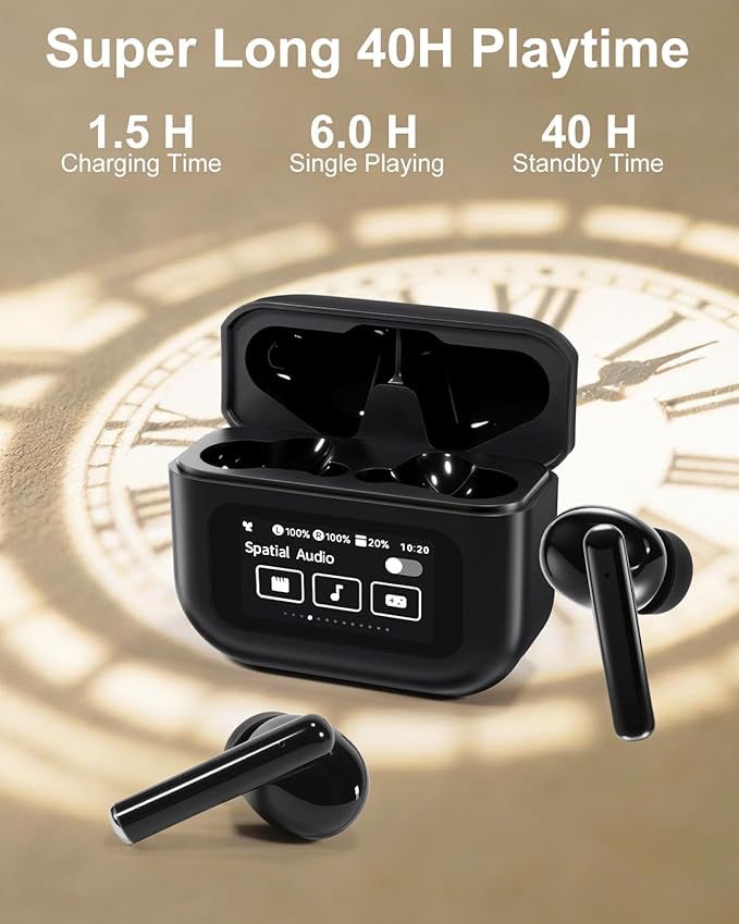 Bluetooth Earbuds with LED Touchsceen, IPX7 Waterproof Wireless Earphones, Hi-Fi Stereo & 68H Playtime, ANC ENC Noise Cancelling, for Work/Running/Trave (Black)