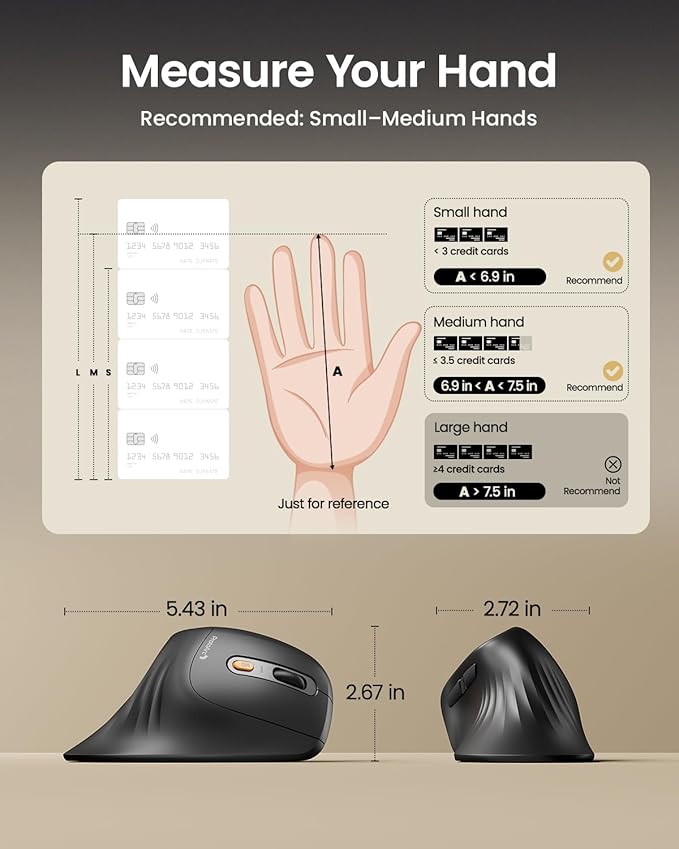 ProtoArc Ergonomic Mouse, EM11 NL Bluetooth Rechargeable Wireless Vertical Mouse, 3 Multi-Device Connectivity for Computer/PC/Laptop, 2.4GHz USB-A Optical Mice for Windows, Mac OS, Gray