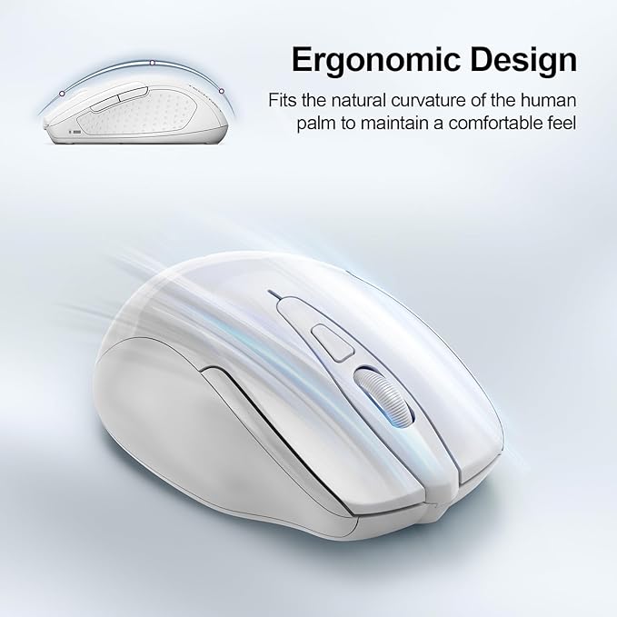 TECKNET Wireless Mouse (2.4G & BT5.0/3.0) Silent 4800 DPI Computer USB A & Bluetooth Mouse 6 Buttons, Wide Compatibility - White
