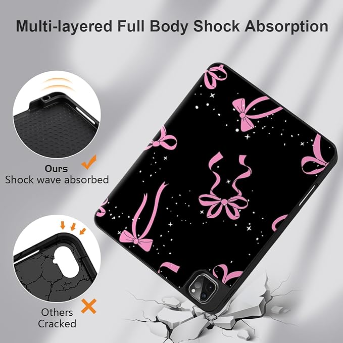 DONGKE Case for 2022/2021/2020/2018 iPad Pro 11 inch Gen 4/3/2/1 - Slim Protective Case - Built in Pencil Holder Support Charging - Trifold Stand & Sleep/Wake Cover - Bows & Stars
