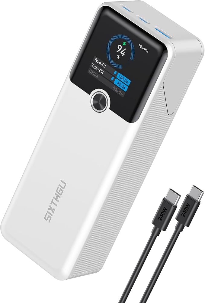 SIXTHGU Laptop Power Bank, 3-Port 20,000mAh Portable Charger with 200W Max Output, PD 3.1 Fast Charging, Flight-Approved for Travel, PowerTower, for MacBook, iPhone 17/16 Series, and More