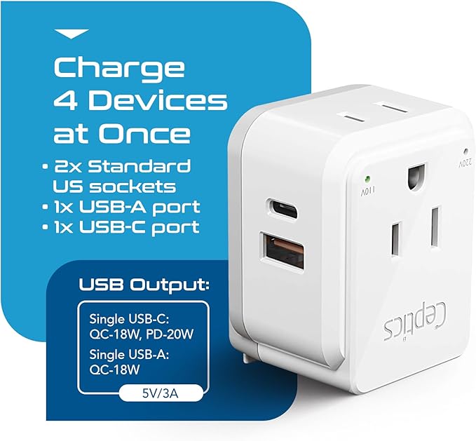 Ceptics Thailand Travel Adapter Set, PAK KIT 20W PD & QC, Type O - 3.1A - 4 in 1-2 USA Inputs, 1 USB Port, 1 USB-C Port - Compact, Powerful - Includes Type O Swadapt Attachments