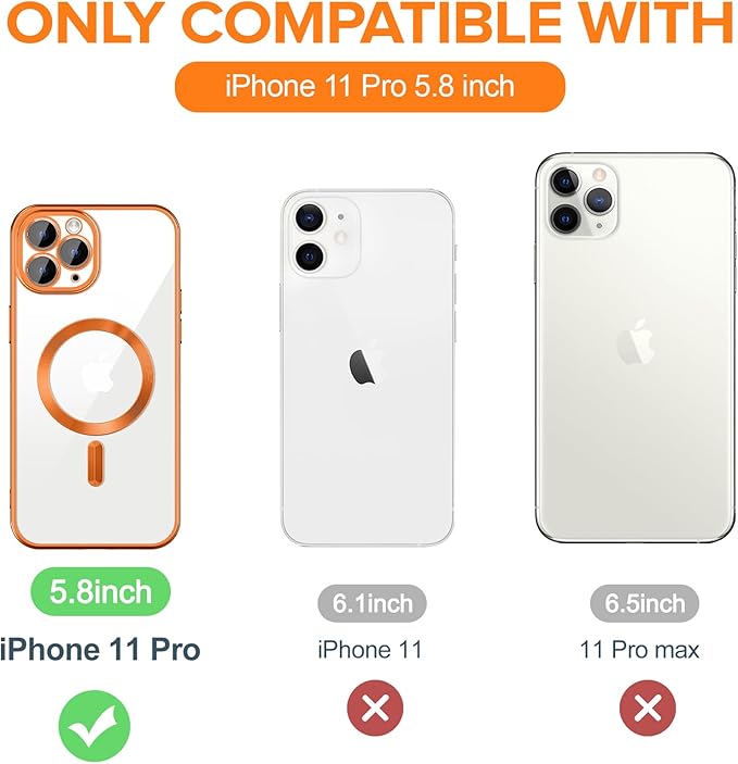 Hython Magnetic Clear for iPhone 11 Pro Case with Camera Lens Protector [Compatible with MagSafe] Luxury Plating Edge Slim Soft TPU Cover Protective Phone Case for iPhone 11 Pro 5.8", Matte Orange