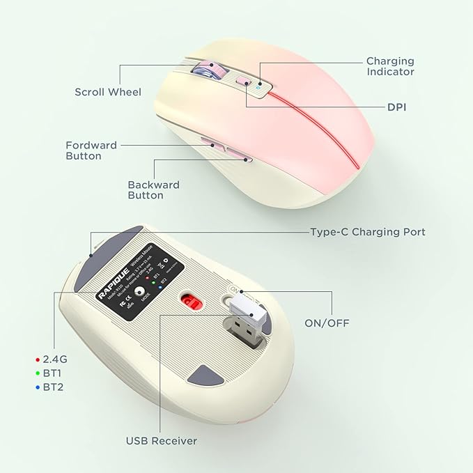 RAPIQUE Bluetooth Wireless Mouse, Rechargeable Multi-Device Computer Mice (Tri-Mode: BT1/BT2+2.4Ghz) with USB Receiver, Ergonomic Portable Mouse for Laptop, MacBook, PC, iMac, iPad(Khaki to Pink)
