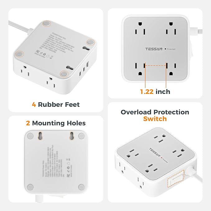 TESSAN Surge Protector Power Strip, 5 Ft Flat Plug Extension Cord with 3 USB (2 USB C) 8 Outlets, 1250W, 900J Protection, 3 Sided Outlet Extender with Power Switch for Office, Dorm Room, Grey