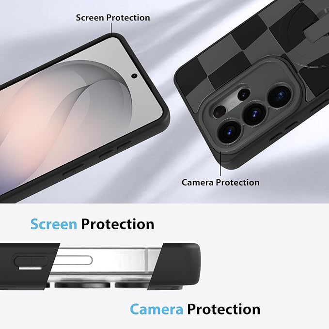 KANGHAR Compatible with Samsung Galaxy S26 Ultra Case, Support for MagSafe, Silicone Checkered Cute Pattern, Wristband Kickstand Camera Protection Soft Slim Cover for Girls Women -Black