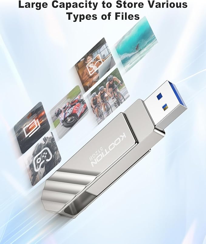 KOOTION USB 3.2 Flash Drive 512GB, Up to 450 MB/S Read Speed USB C Memory Stick, Dual USB C Thumb Drive with USB Type-C and USB A, Swivel Metal Pen Drive for Smartphones/Tablet/Laptop/Mac/Car/TV
