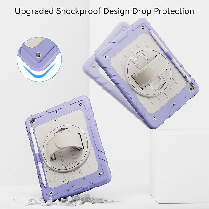 Case for iPad 6th/5th Generation 9.7'' with Screen Protector Pencil Holder [360 Rotating Hand Strap] &Stand, Drop-Proof Case for iPad 6th/5th/ Air 2/ Pro 9.7 (Purple&Beige)