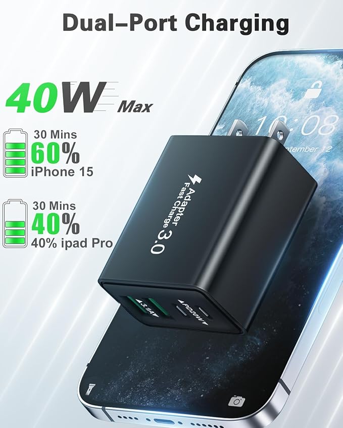 USB C Charger Block, 2-Pack 40W Fast Charging Block 4-Port Dual PD Power Adapter +QC Wall Plug Double USBC Charger Block Multi Type C Charging Cube for iPhone 17 16 15 14 13 12 11 Pro Max, Samsung