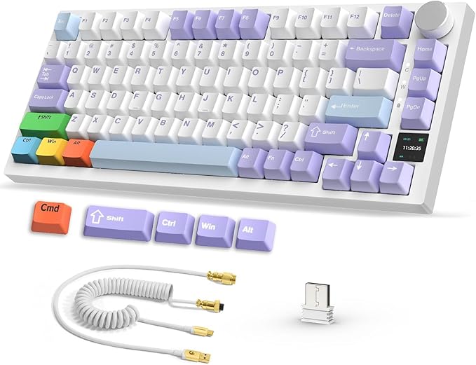 Attack Shark ajazz AK820 Pro 75% Mechanical Keyboard and Coiled Cable Hot Swappable Wireless 2.4GHz/Bluetooth/Wired TFT Screen & Knob Flying Fish Switch RGB Gasket Mount Custom Keyboard-Purple