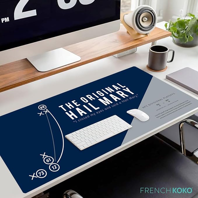 French KOKO Large Dallas Football Desk Mat for Desktop – XL Blue and Silver Desk Pad Mat Featuring The Hail Mary Play, Texas Sports Fan Gift, Man Cave Office Decor, Smooth Waterproof Desk Protector