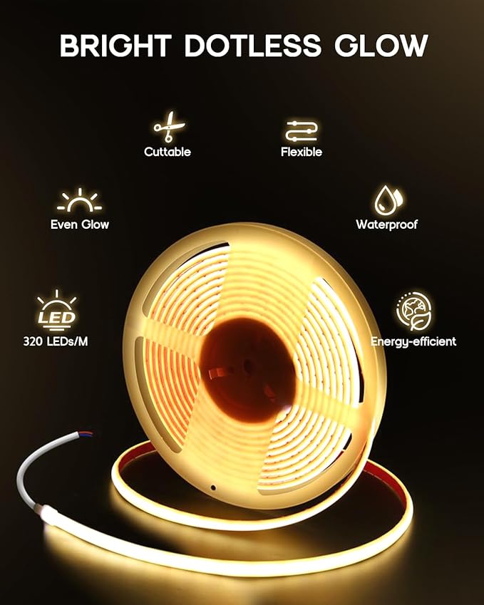 COB LED Strip Lights Daylight White 6000K,12V 32.8ft IP67 Waterproof High CRI 95Ra+ Super Bright,Flexible Boat Lights for Fishing Night Outdoor Bathroom Swimming Pool(Power Supply Not Included)
