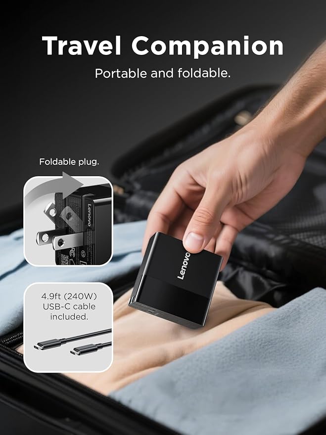 Lenovo 140W USB C Charger, GaN Power Adapter with 3-Port Fast Charging, PD 3.1 Compatible, Black, for ThinkPad, MacBook, iPhone, Samsung Galaxy, with 240W Cable