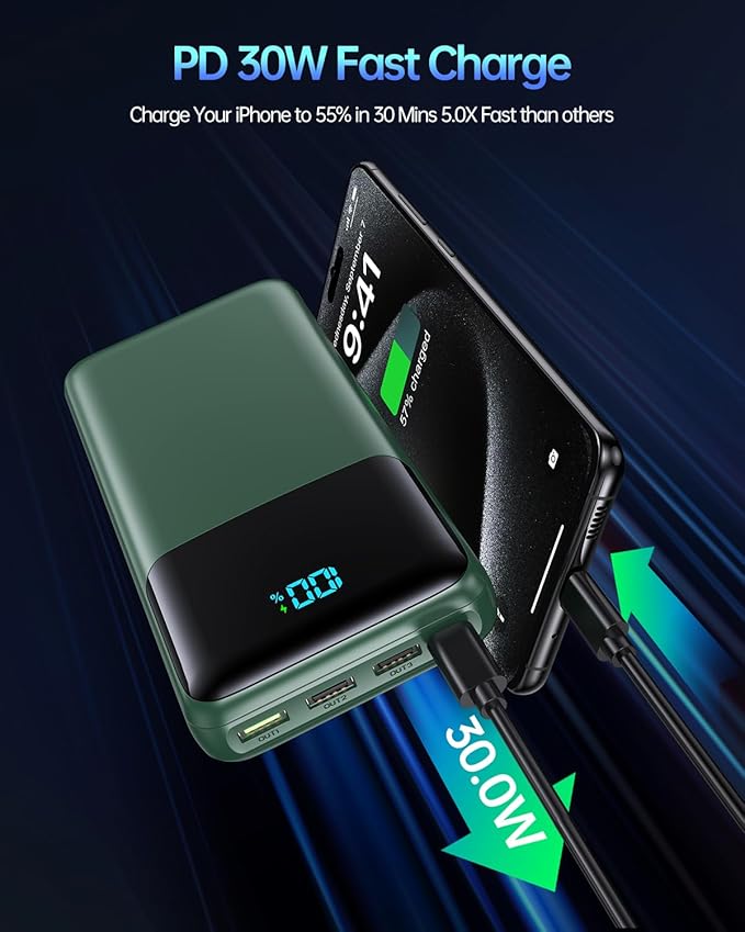Portable Charger Power Bank 50000mAh, USB-C PD 30W Fast Charging External Battery Pack with 4 Outputs & 2 Inputs, Portable Phone Charger for iPhone 17/1615/14/13/12/11 Samsung Android (Dark Green)
