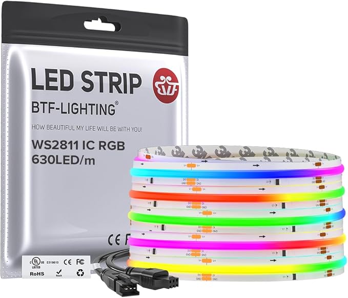 BTF-LIGHTING WS2811 Smart IC RGB FCOB COB LED Strip, UL Listed 630LEDs/m High Density Color Chasing Uniform Light, DC24V 16.4FT 10mm Width Tape Light for Home Party DIY Decor(No Adapter or Controller)
