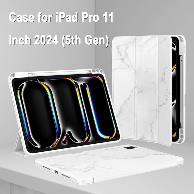 ZryXal iPad Pro 11 Inch Case (M5) 2025/ (M4) 2024 (Model: A2836/A2837/A3006), Trifold Stand Smart Cover with Pencil Holder and Soft TPU Back, Auto Wake/Sleep (Marble White)