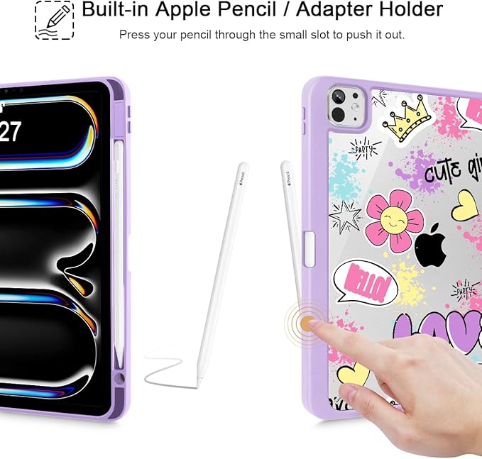 May Chen for iPad Pro 13 Inch Case M5 2025 / M4 2024, Built Pencil Holder & Clear Transparent Print Back Shell Slim Stand Shockproof Tablet Cover, Auto Wake/Sleep, Cute Girl Pattern