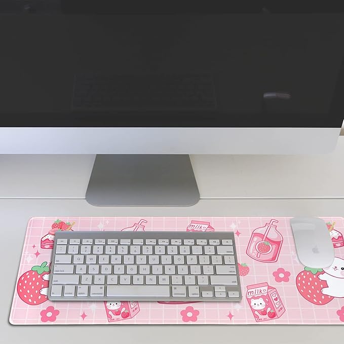 Kawaii Gaming Mouse Pad, Extended Large Cat Strawberry Milk, Pink, 31.5 X 11.8 Inch