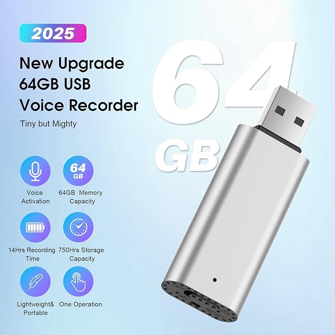 Voice Recorder 64GB Digital Voice Activated Recorder USB Recording Device with Noise Reduction 750Hrs Rechargeable Small Pocket Audio Recording Devices for Lectures, Meeting, Class (Silver)