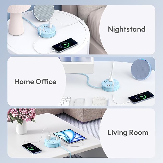 NTONPOWER Blue Travel Power Strip 20W, Travel Essentials, Cruise Essentials 3 Outlets 4 USB Ports(2 USB C), 4FT Wrapped Around Extension Cord for Travel Cruise Ship Beach Vacation Essentials