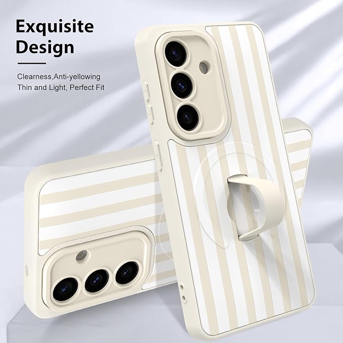 KANGHAR Compatible with Samsung Galaxy S26 Case, Support for MagSafe, Silicone Stripes Cute Pattern, Wristband Kickstand Camera Protection Soft Slim Cover for Girls Women -White