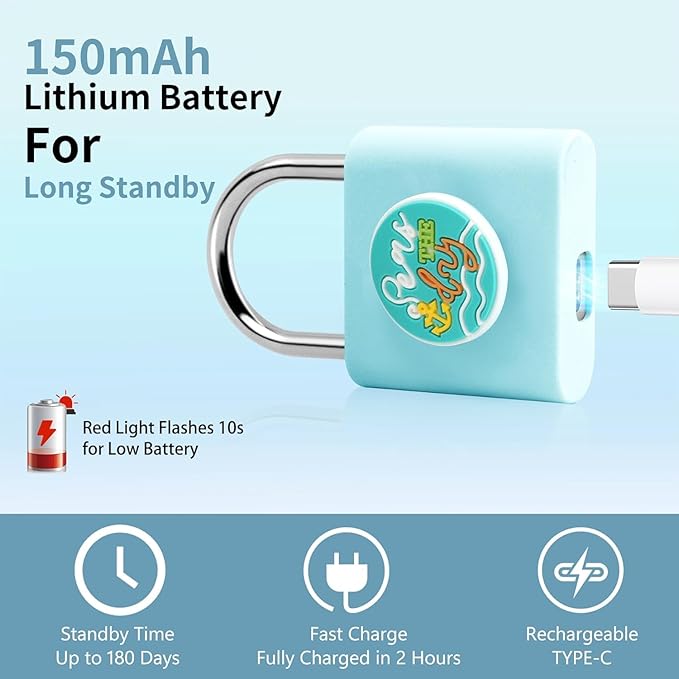 UMIKSMART Fingerprint Padlock with Silicone Protective Cover & Charm, Smart Keyless Padlock for School Locker, Gym Locker, Backpack and Travel Bag, Gift for Kids, Teens and Friends, Fun Blue Set