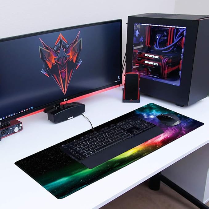 Benvo Extended Mouse Pad Large Gaming Mouse Pad- 35.4x15.7x0.12 inch Computer Keyboard Mouse Mat Non-Slip Mousepad Rubber Base and Stitched Edges for Game Players, Office, Study, Aurora Light Pattern